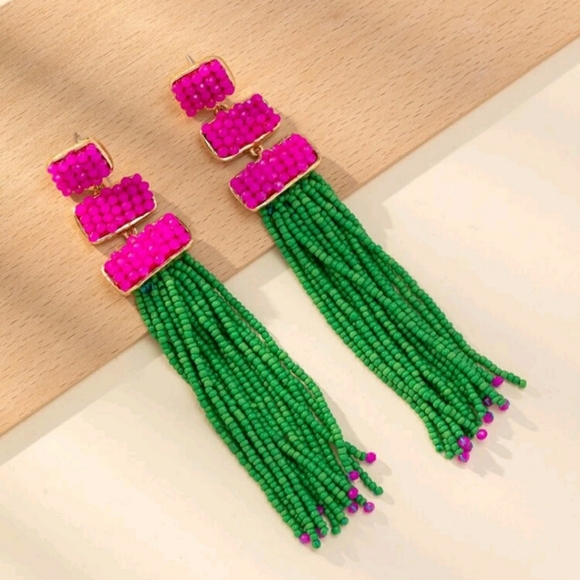 Colour Harmony Boutique Jewelry - "Cascade" Tassel Earrings- pink and green